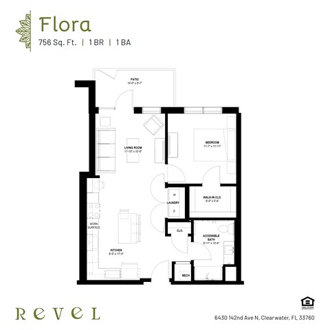 Floor plan for 1 bed, 1 bath, 756 sqft