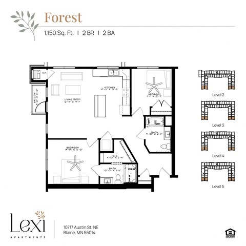 Floor plan for 2 beds, 2 baths, 1150 sqft