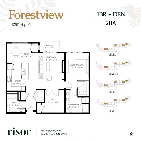 Floor plan for 1 bed, 1 bath, 1255 sqft