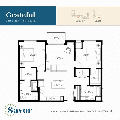 Floor plan for 2 beds, 2 baths, 1171 sqft