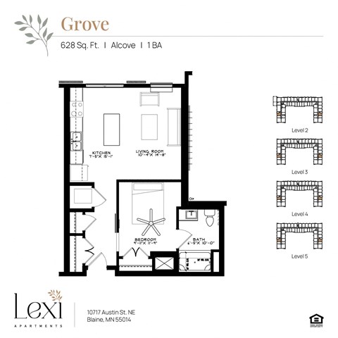 Floor plan for 1 bed, 1 bath, 628 sqft
