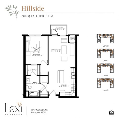 Floor plan for 1 bed, 1 bath, 765 sqft