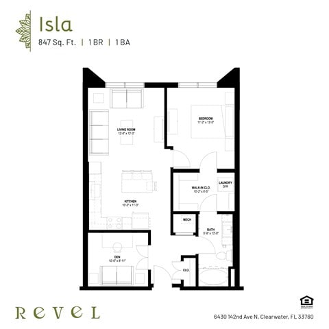 Floor plan for 1 bed, 1 bath, 847 sqft
