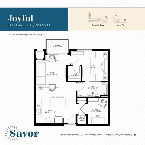Floor plan for 1 bed, 1 bath, 834 sqft