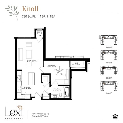 Floor plan for 1 bed, 1 bath, 720 sqft