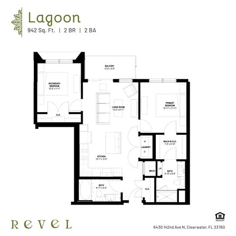 Floor plan for 2 beds, 2 baths, 942 sqft