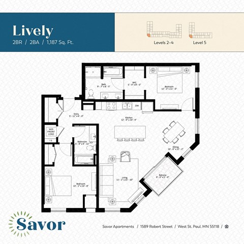 Floor plan for 2 beds, 2 baths, 1187 sqft