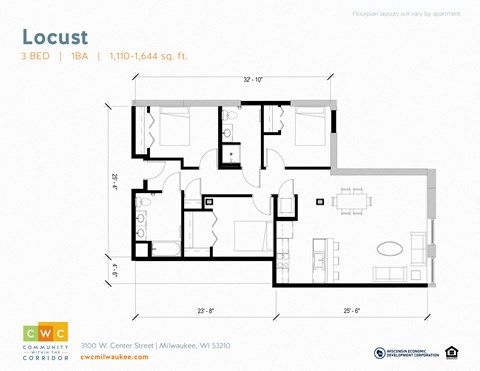 Floor plan for 3 beds, 2 baths, 1171 sqft