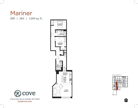 Floor plan for 2 beds, 2 baths, 1045 sqft