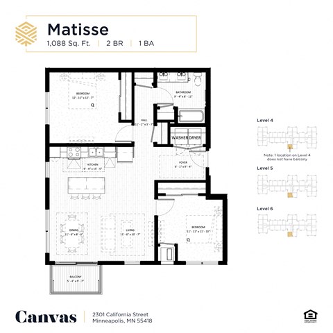 Floor plan for 2 beds, 1 bath, 1088 sqft