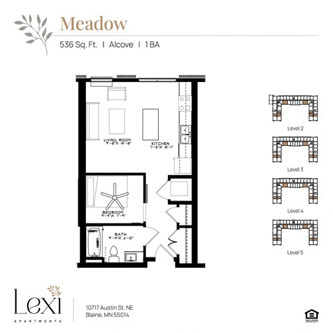 Floor plan for 1 bed, 1 bath, 536 sqft