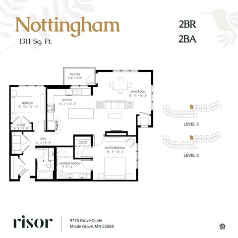 Floor plan for 2 beds, 2 baths, 1311 sqft