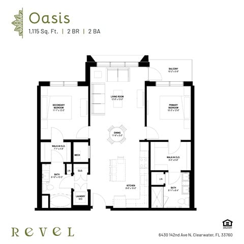 Floor plan for 2 beds, 2 baths, 1115 sqft