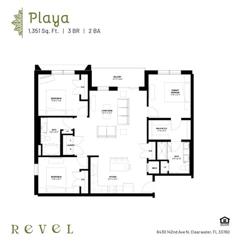 Floor plan for 3 beds, 2 baths, 1351 sqft