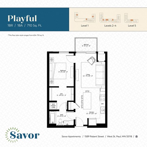 Floor plan for 1 bed, 1 bath, 677 sqft