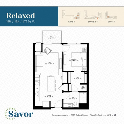 Floor plan for 1 bed, 1 bath, 672 sqft