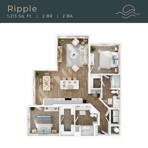 Floor plan for 2 beds, 2 baths, 1213 sqft