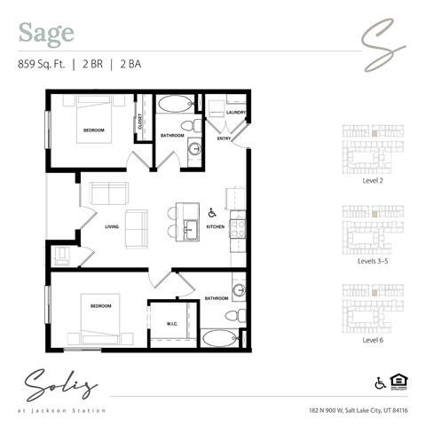 Floor plan for 2 beds, 2 baths, 859 sqft