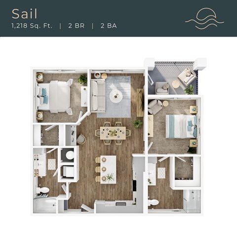 Floor plan for 2 beds, 2 baths, 1218 sqft
