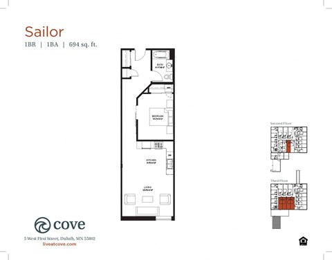 Floor plan for 1 bed, 1 bath, 739 sqft