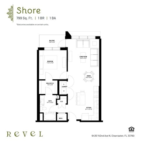 Floor plan for 1 bed, 1 bath, 799 sqft