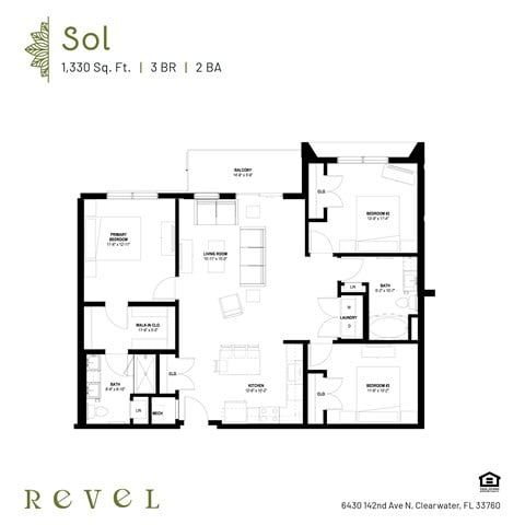 Floor plan for 3 beds, 2 baths, 1334 sqft