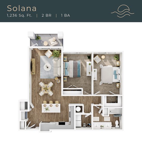 Floor plan for 2 beds, 1 bath, 1236 sqft