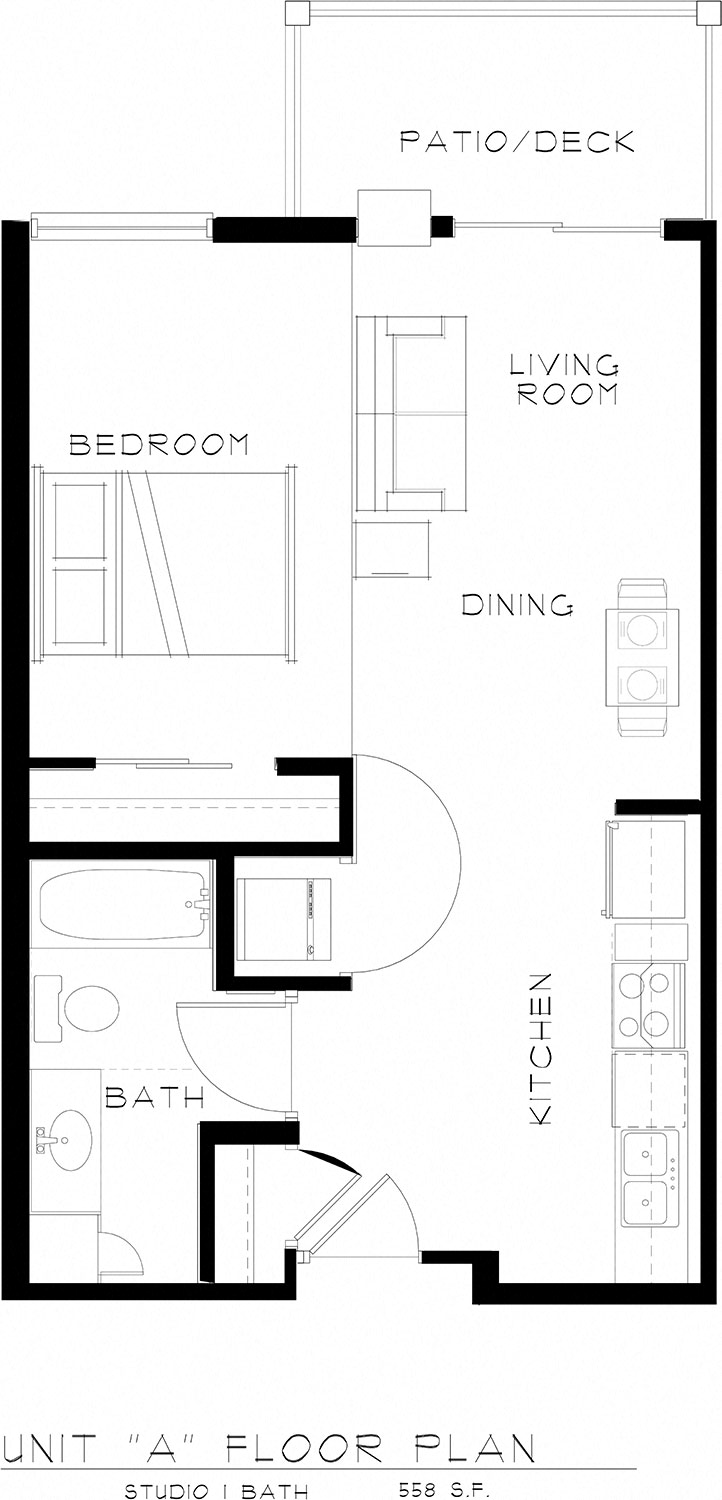 Floor plan for studio, 1 bath, 558 sqft