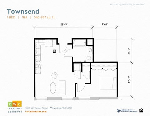 Floor plan for 1 bed, 1 bath, 719 sqft