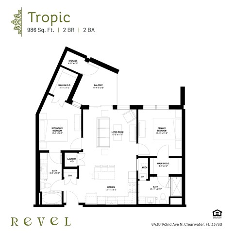 Floor plan for 2 beds, 2 baths, 986 sqft