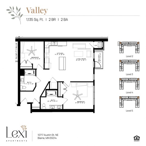 Floor plan for 2 beds, 2 baths, 1135 sqft