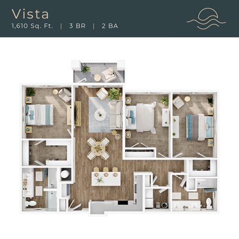 Floor plan for 3 beds, 2 baths, 1610 sqft