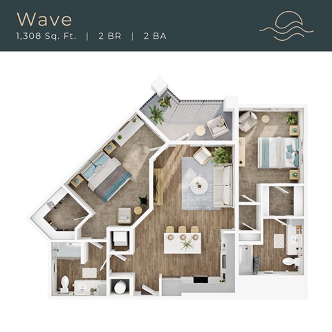 Floor plan for 2 beds, 2 baths, 1308 sqft