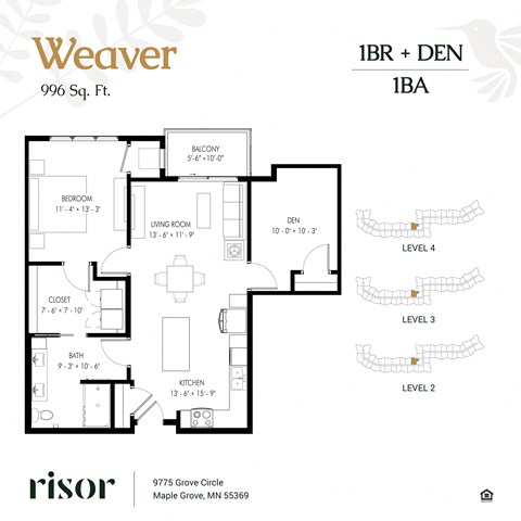 Floor plan for 2 beds, 1 bath, 996 sqft