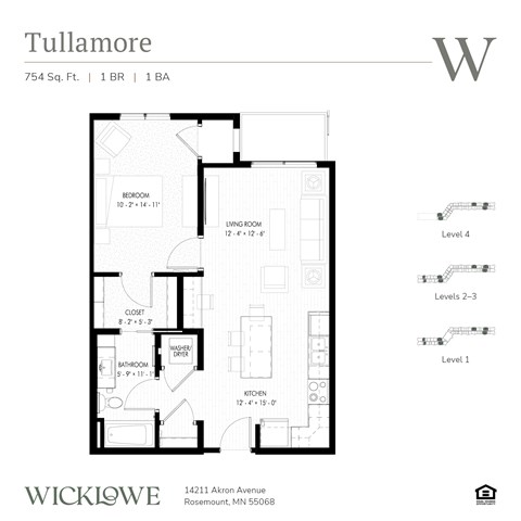 Floor plan for 1 bed, 1 bath, 755 sqft