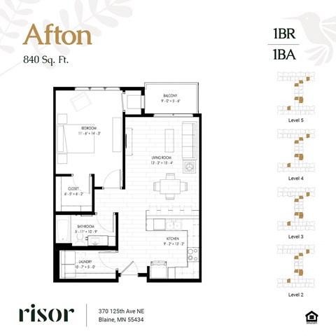 Floor plan for 1 bed, 1 bath, 840 sqft