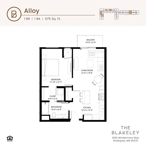 Floor plan for 1 bed, 1 bath, 675 sqft