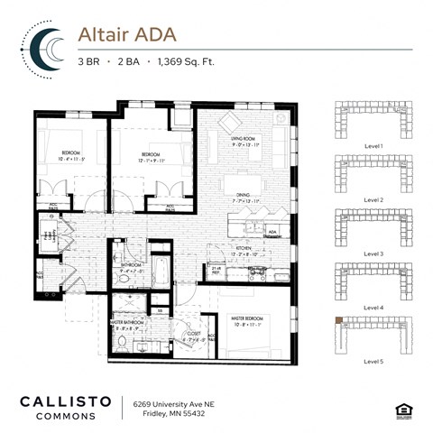 Floor plan for 3 beds, 2 baths, 1369 sqft