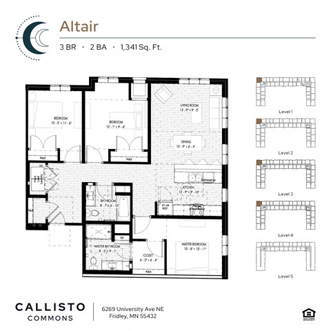 Floor plan for 3 beds, 2 baths, 1341 sqft