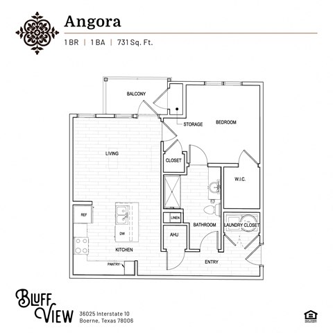 Floor plan for 1 bed, 1 bath, 731 sqft