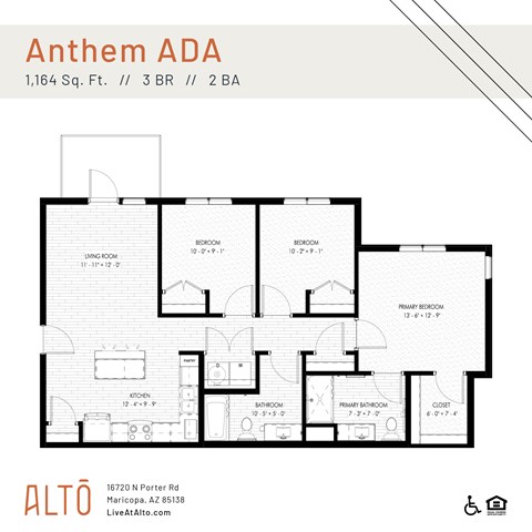 Floor plan for 3 beds, 2 baths, 1183 sqft