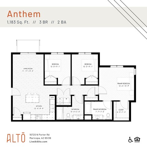 Floor plan for 3 beds, 2 baths, 1183 sqft