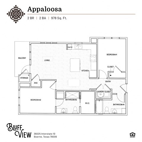 Floor plan for 2 beds, 2 baths, 978 sqft