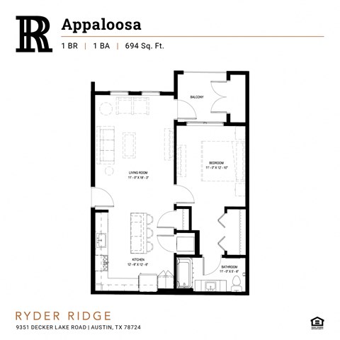 Floor plan for 1 bed, 1 bath, 694 sqft