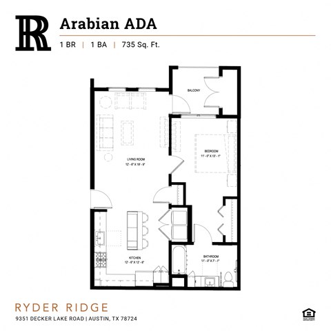 Floor plan for 1 bed, 1 bath, 735 sqft