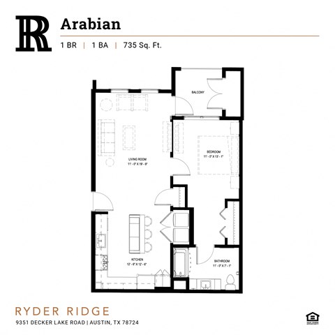 Floor plan for 1 bed, 1 bath, 735 sqft