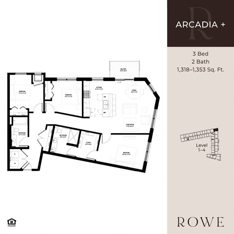 Floor plan for 3 beds, 2 baths, 1353 sqft