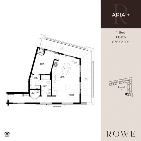Floor plan for 1 bed, 1 bath, 836 sqft