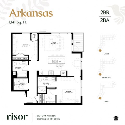 Floor plan for 2 beds, 2 baths, 1141 sqft