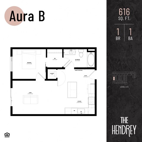 Floor plan for 1 bed, 1 bath, 616 sqft